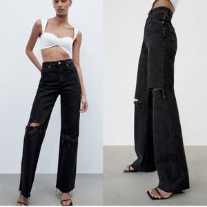 Zara black ripped wide leg jeans